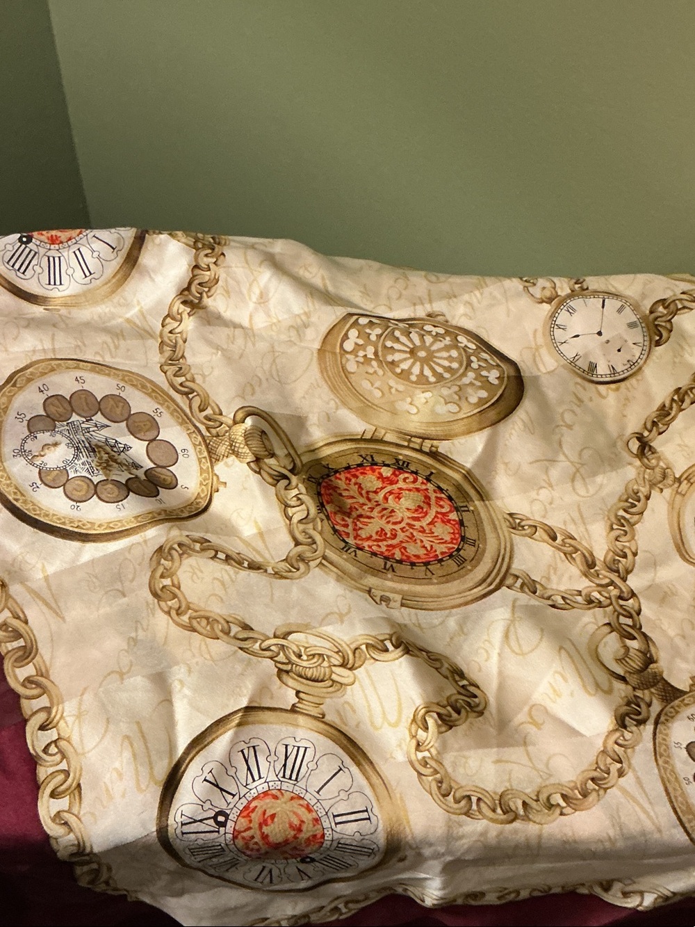 Nina Ricci Cream Silk Scarf Gold Chain Burgundy Border Pocketwatch Print EUC - Picture 4 of 5
